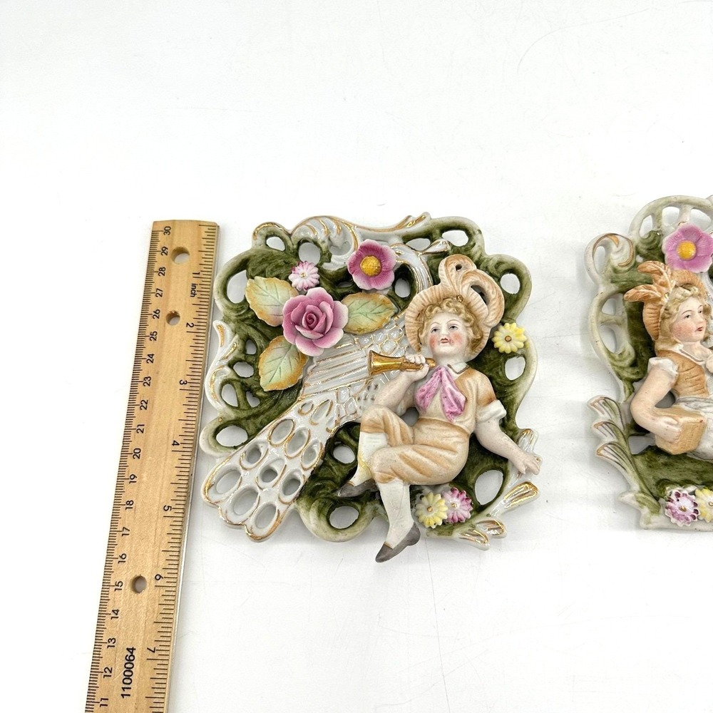 Vintage Victorian Cottagecore Shabby Chic Porcelain Floral Wall Decor Pair - Picture 7 of 8